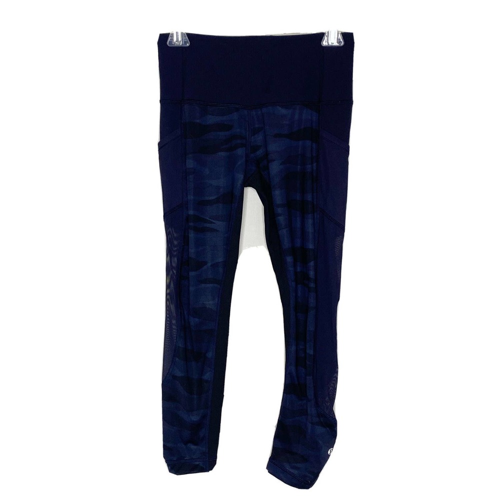 Lululemon Crop Capri Leggings Pants Slick Camo Blue Teal Pockets Size 6 O2